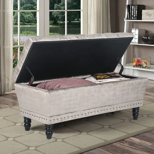 Miniatura 4 de Joveco Banco otomano de almacenamiento, banco de entrada copetudo con botones con remache, reposapiés para sala de estar y dormitorio (beige oscuro)