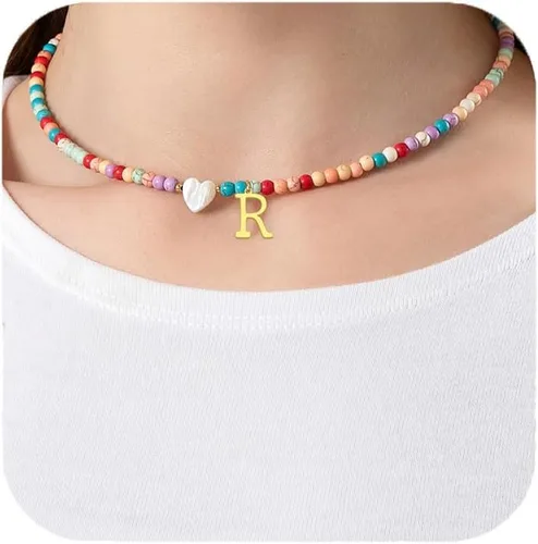 Collar de cuentas con inicial de oro colorido para mujer, hecho a mano, para niñas, de acero inoxidable con cuentas de colores, gargantilla de oro