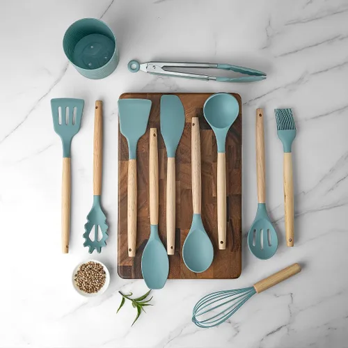 Miniatura 4 de KSENDALO Aqua - Juego de utensilios de cocina pequeños de silicona de 12 piezas con soporte, herramientas de cocina con mango de madera, espátula