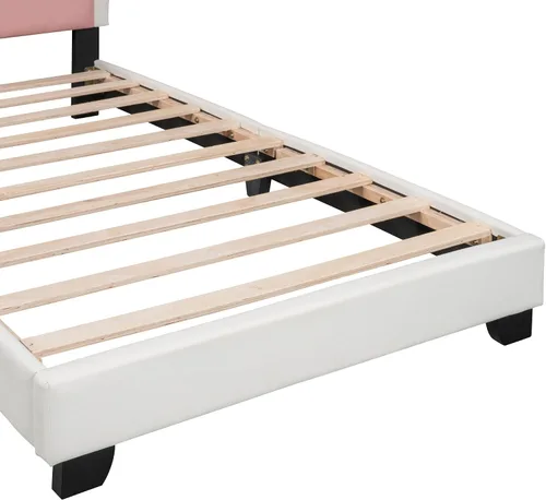 Miniatura 8 de Cama de plataforma tapizada de tamaño individual, marco de cama de plataforma de madera con cabecera en forma de corona, elementos de dibujos