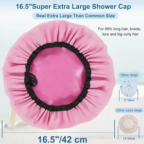 Miniatura 3 de 3 gorros de ducha súper extra grandes de 16.5 pulgadas, gorro de ducha reutilizable doble impermeable para mujer, gorro de ducha jumbo con forro