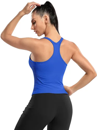 Miniatura 187 de ATTRACO Camiseta corta acanalada de entrenamiento para mujer con brasier integrado para yoga, espalda cruzada, ajuste ajustado