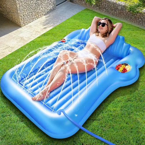 TURNMEON Flotador inflable para tumbona de bronceado con aspersor, flotador grande de 71 x 47 pulgadas para adultos con respaldo, taza y soporte