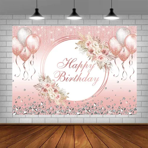 Miniatura 4 de AIBIIN Telón de fondo bohemio de feliz cumpleaños de 7 x 5 pies para niña, globos rosas con purpurina, fondo de fotogarfia, decoración de fiesta