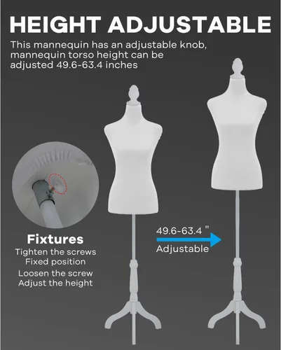 Miniatura 7 de Soporte de torso para maniquí, altura ajustable de 49.6 a 63.4 pulgadas, forma de vestido femenino para costura, pantalla portátil con base de Blanco