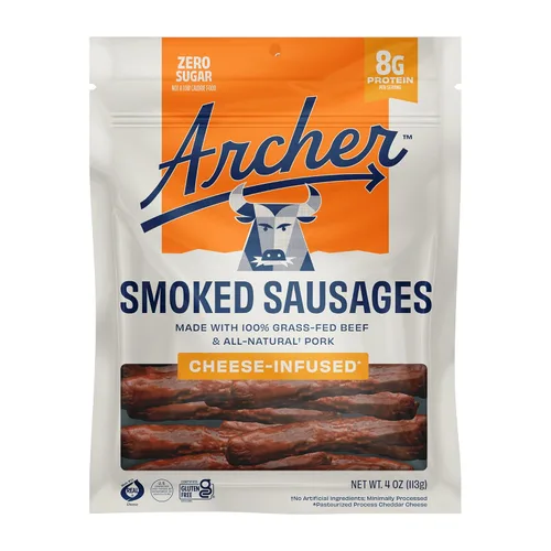 Country Archer Salchichas ahumadas con infusión de queso, palitos de carne y queso, palitos de carne de res y cerdo alimentados con hierba, paleo,