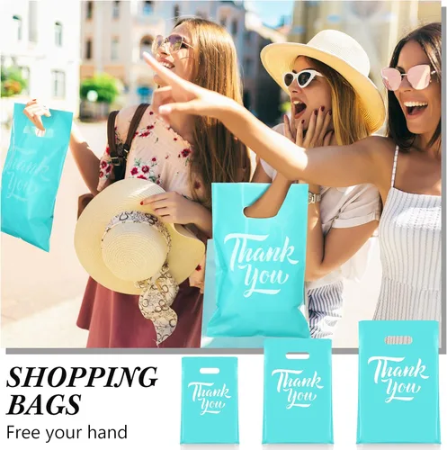 Miniatura 5 de Jeyiour 300 bolsas de mercancía de agradecimiento de 3 tamaños, bolsas de compras para negocios con asas, regalo de agradecimiento, bolsas de Azul