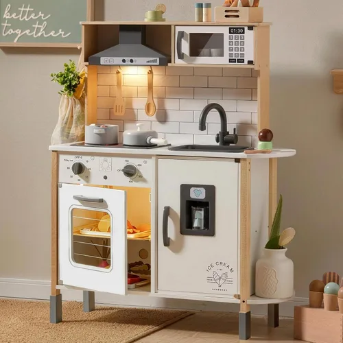 Tiny Land Juego de cocina para niños, juego de cocina de madera para niños, juego de cocina de chef para niños pequeños con luces y sonidos reales,