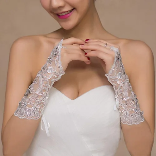 Miniatura 5 de Ayliss Guantes de encaje sin dedos con diamantes de imitación para fiesta de boda