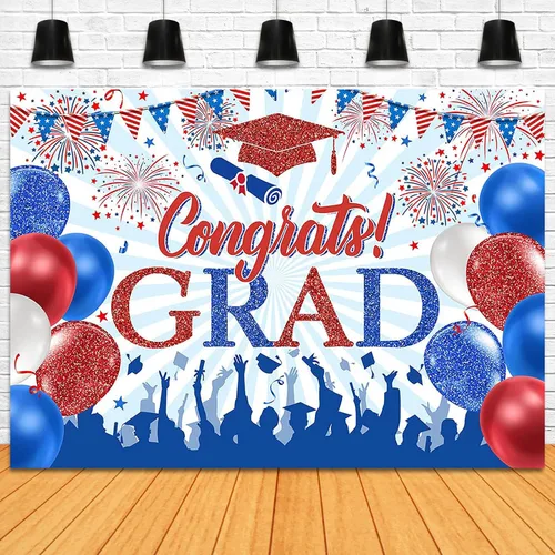 Miniatura 4 de Telón de fondo rojo y azul con texto en inglés "Congrats Grad" de 7 x 5 pies para graduación de graduación de 2026, decoración de fiesta
