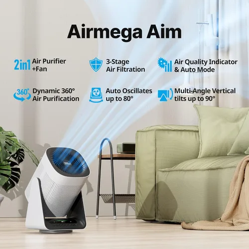 Miniatura 2 de COWAY Purificador de aire para dormitorio del hogar, 2 en 1 con ventilador, filtro de partículas para humo, alergias, caspa de mascotas, olor