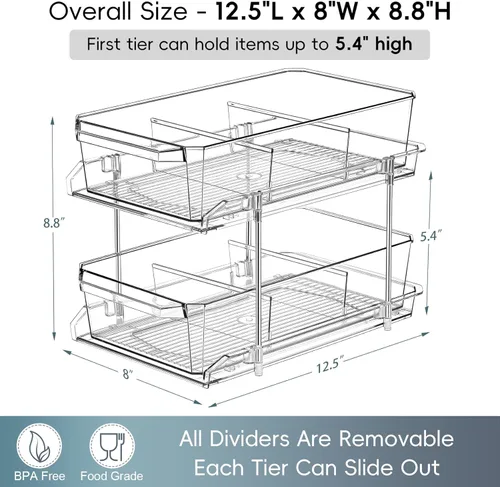 Miniatura 2 de Organizador transparente de 2 niveles con separadores para gabinete, estante, encimera - Contenedor de almacenamiento deslizable multiuso - Cajones