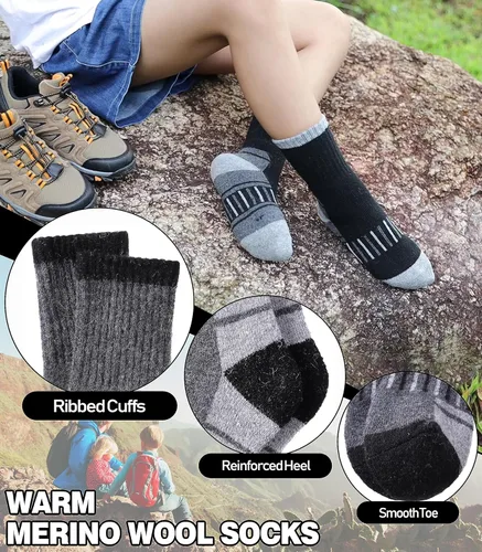 Miniatura 2 de LINEMIN Calcetines de senderismo de lana merino para niños y niñas, cálidos, gruesos, térmicos, acolchados, para invierno, 6 pares