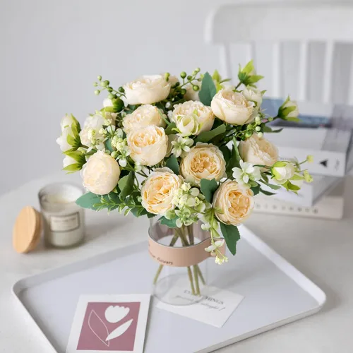 Miniatura 4 de Floweroyal 4 Ramos de Flores Artificiales de Peonía Color Champán, Ramos de Peonías de Seda para Bodas, Fiestas, Centros de Mesa de Mesa, Arreglos