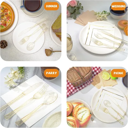 Miniatura 7 de hapray Juego de cubiertos de plástico dorado de 180 piezas, cubiertos desechables con purpurina, juego de cubiertos, 60 tenedores, 60 cucharas, 60