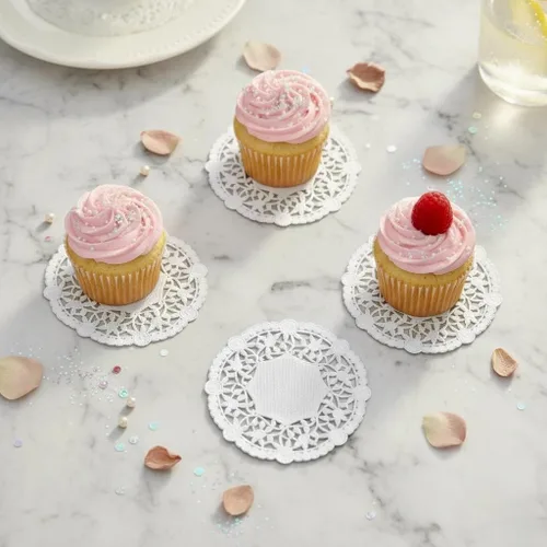 Miniatura 6 de Tapones redondos de papel de encaje de 4 pulgadas – Paquete de 50 tapices decorativos desechables para postres, pasteles, aperitivos, bodas y fiestas