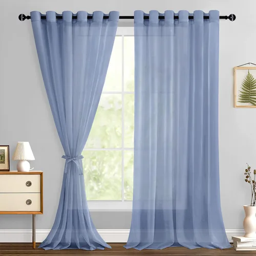 Miniatura 55 de Hiasan - Cortinas traslúcidas de gasa cortas semitransparentes con ojales y alzapaños filtrantes de luz para ventana, dormitorio, baño, 2 paneles