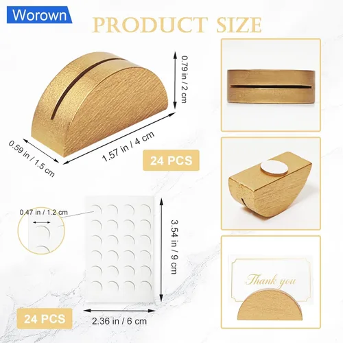 Miniatura 2 de Worown Paquete de 24 soportes de madera dorada para números de mesa (tamaño pequeño de 1.6 pulgadas), los soportes semicirculares para nombres