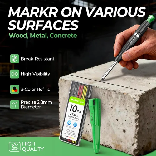 Miniatura 5 de Nicpro Lápices de carpintero magnéticos 7 en 1 CP5000 con sacapuntas, lápiz de construcción mecánica de 2.8mm + 10 recambios, marcador de agujeros