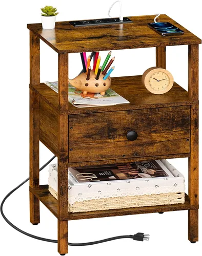 Miniatura 11 de Lerliuo Mesita de noche con estación de carga y puertos USB, mesa auxiliar de almacenamiento de 3 niveles con cajón y estante, mesita de noche