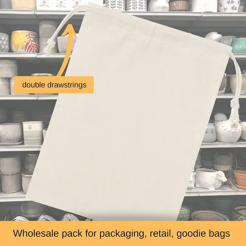 Miniatura 5 de Bolsas de cordón 100% algodón al por mayor – Calidad resistente paquete de 100 – Tamaño 6 x 8 (algodón natural sin blanquear – doble cordón)
