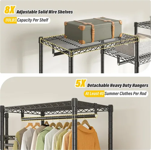 Miniatura 5 de Raybee Perchero de ropa con cubierta, perchereros para colgar ropa resistente, armario portátil con estantes, ajustable, carga de 905 LBS, negro