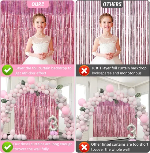 Miniatura 7 de Accevo Paquete de 3 cortinas de flecos de papel de aluminio con purpurina de 3.2 x 8.2 pies, decoración de fiesta rosa, serpentinas de oropel Rosado