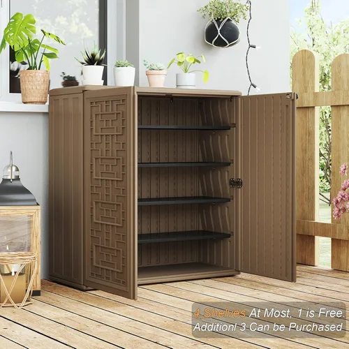 Miniatura 7 de HOMSPARK Armario de almacenamiento para interiores y exteriores con puertas y estante, caja de almacenamiento de plástico HDPE de 34 x 16 x 36 Marrón