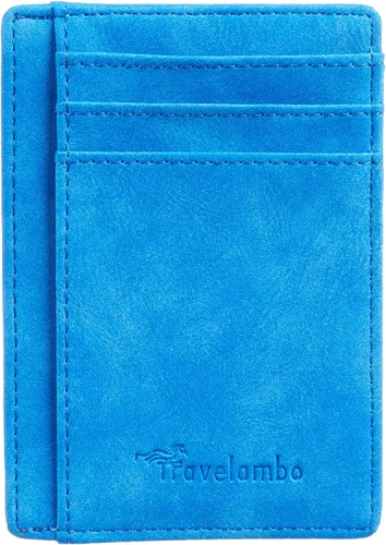 Miniatura 4 de Travelambo billetera mediana y minimalista de cuero para bolsillo frontal, con bloqueo de interferencia de radiofrecuencia, Azul-cielo, Minimalista