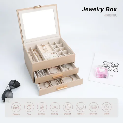 Miniatura 6 de Elegant Gift Jewelry Box with Mirror - 3-Layer Organizer for Earrings, Rings, Necklaces, Ready to Give for Birthday Anniversary Christmas Apricot