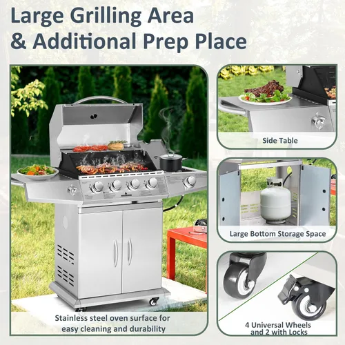 Miniatura 6 de Polar Aurora Parrilla de gas propano 4 quemadores con quemador lateral, carrito de parrilla de acero inoxidable con ruedas para patio al aire libre