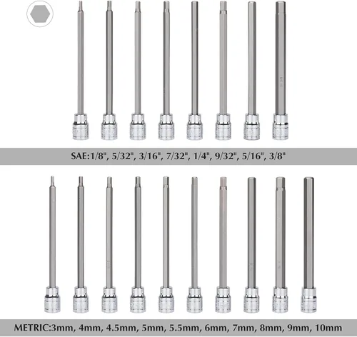Miniatura 2 de EMENTOL 18 piezas 3/8" impulsión juego de llaves hexagonales largas, CR-V, acero S2, SAE/Métrica, juego de llaves hexagonales Allen extra largas