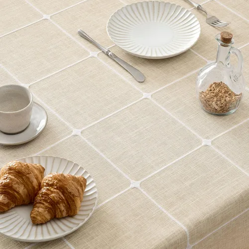 Miniatura 36 de ZeeMart - Mantel de mesa con diseño de cuadrícula boho y borlas (blanco roto, 132 cm x 132 cm), mantel de gran peso de lino a cuadros bordado