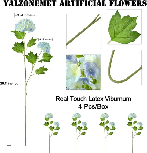 Miniatura 3 de YalzoneMet Bola de nieve artificial Viburnum 4 piezas de 26.8 pulgadas de color azul graduado, hortensias pequeñas, 2 cabezales, de látex natural