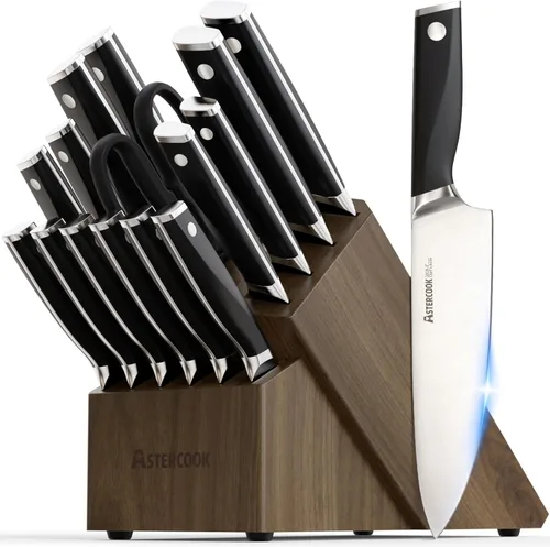 Astercook Juego de cuchillos, juego de cuchillos de cocina con bloque y afilador, espiga completa, 17 piezas, cuchillos de acero inoxidable alemán
