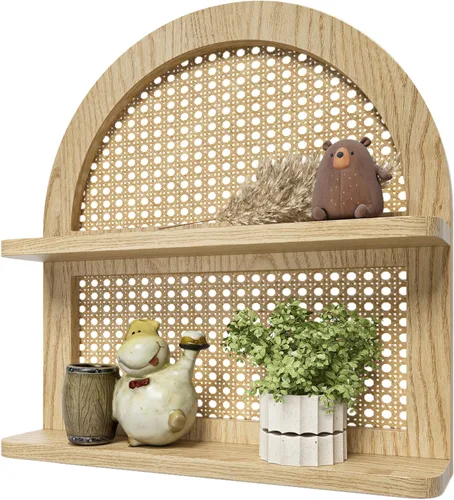 Miniatura 8 de Estante de pared de ratán bohemio de madera, estante flotante de mimbre arqueado de 2 niveles, estante bohemio de madera natural, estantes rústicos
