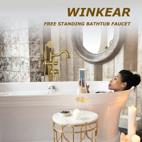 Miniatura 3 de Llenador de bañera independiente con ducha de mano con acabado dorado cepillado, boquilla giratoria con latón áspero y manguera de agua Oro cepillado