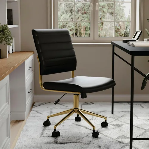 Miniatura 6 de Martha Stewart Ivy - Silla giratoria sin brazos para oficina en casa en piel sintética negra con marco de latón pulido