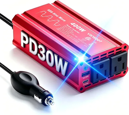 Miniatura 14 de Inversor de energía para automóvil de 200W CC 12V a 110V CA con PD 65W/30W USB C y 2 puertos USB QC 18W y 2 salidas CA, adaptador de enchufe