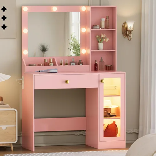 Miniatura 10 de Thacuok Tocador de maquillaje negro con espejo y luces, tocador de 34 pulgadas de ancho con estación de carga y gabinete de vidrio RGB, pequeño