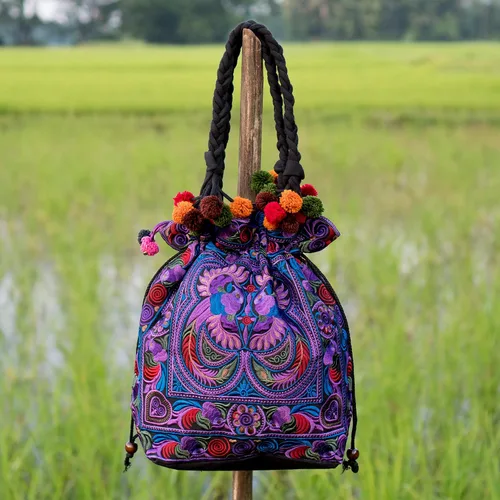 Miniatura 4 de changnoi Bolsa de mano con cordón hecho a mano bolsa de compras bordada Hmong Tribes