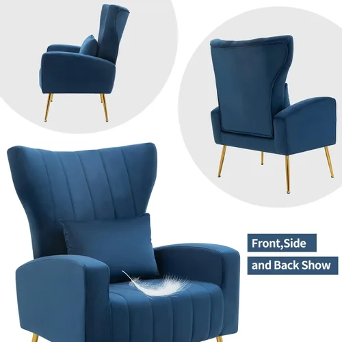 Miniatura 6 de Sillas decorativas de terciopelo con respaldo de ala y almohada lumbar, sillón moderno para sala de estar, dormitorio, silla auxiliar de recepción