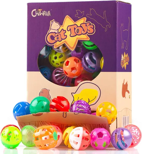 CHIWAVA Paquete de 48 bolas de juguete de plástico ruidosas para gatos con campana, juguete de persecución de gatitos, 8 tipos, tamaño de colores