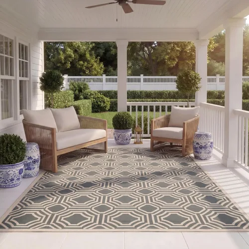 Miniatura 12 de SAFAVIEH Alfombra lavable para exteriores, colección Patio de 2.3 x 6.7 pies, beige y azul marino, no desprende pelusa y es fácil de limpiar, ideal