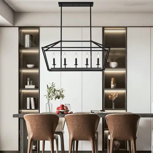 Miniatura 4 de XILICON Candelabro rectangular para isla de cocina, lámpara lineal de 5 luces, para comedor, casa de campo, color negro, moderno, industrial