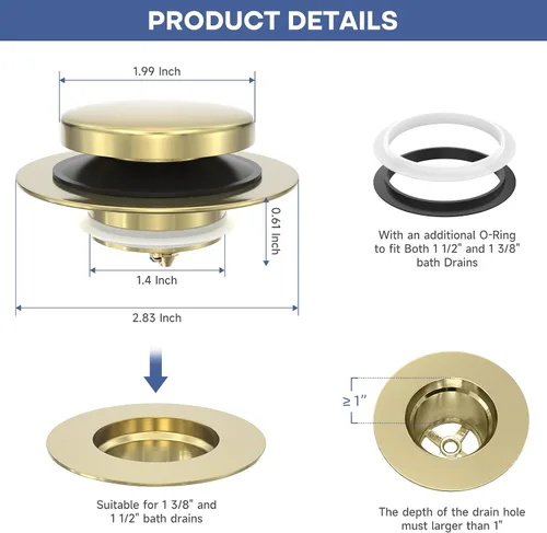 Miniatura 6 de Tapón de bañera de punta mejorada de oro cepillado, tapón universal de drenaje de bañera desplegable, tapones de drenaje de bañera de baño