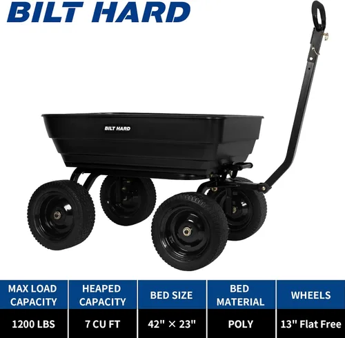 Miniatura 4 de BILT HARD Carro de volquete de jardín de polietileno de 7 pies cúbicos, 1200 libras sin neumáticos planos, liberación rápida, mango convertible 2