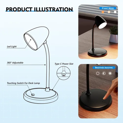 Miniatura 7 de Lámpara LED de escritorio para oficina en casa, 3 colores de luz, lámpara de mesa, luz de lectura regulable para mesita de noche, lámpara
