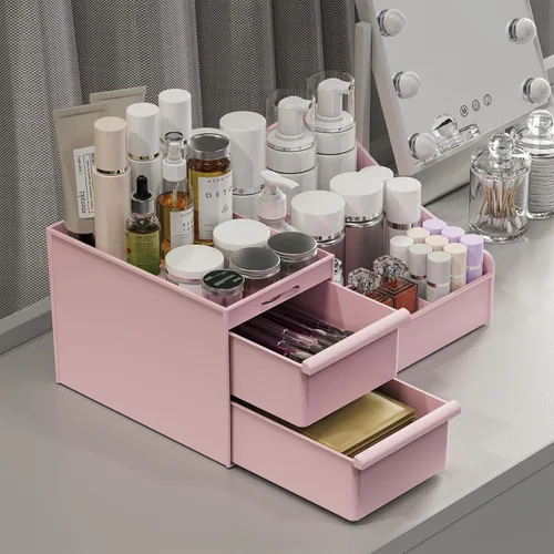 DancesCat Organizador de maquillaje rosa y 2 cajones en mostrador, organizador de tocador con 7 compartimentos y 2 cajones para cosméticos, cuidado