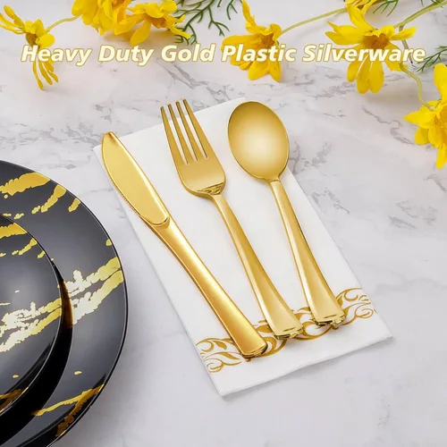 Miniatura 2 de Goodluck 500 cubiertos de plástico dorados, utensilios dorados desechables, juego de cubiertos de plástico de 200 tenedores, 150 cucharas, 150